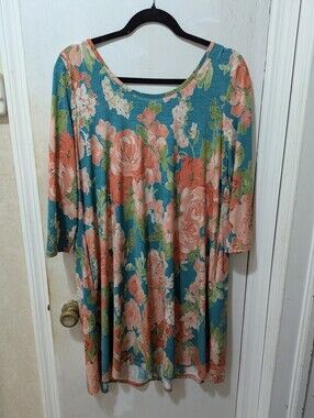 Jules & James Large Teal Floral Swing Dress with Coral Roses Crisscross Back